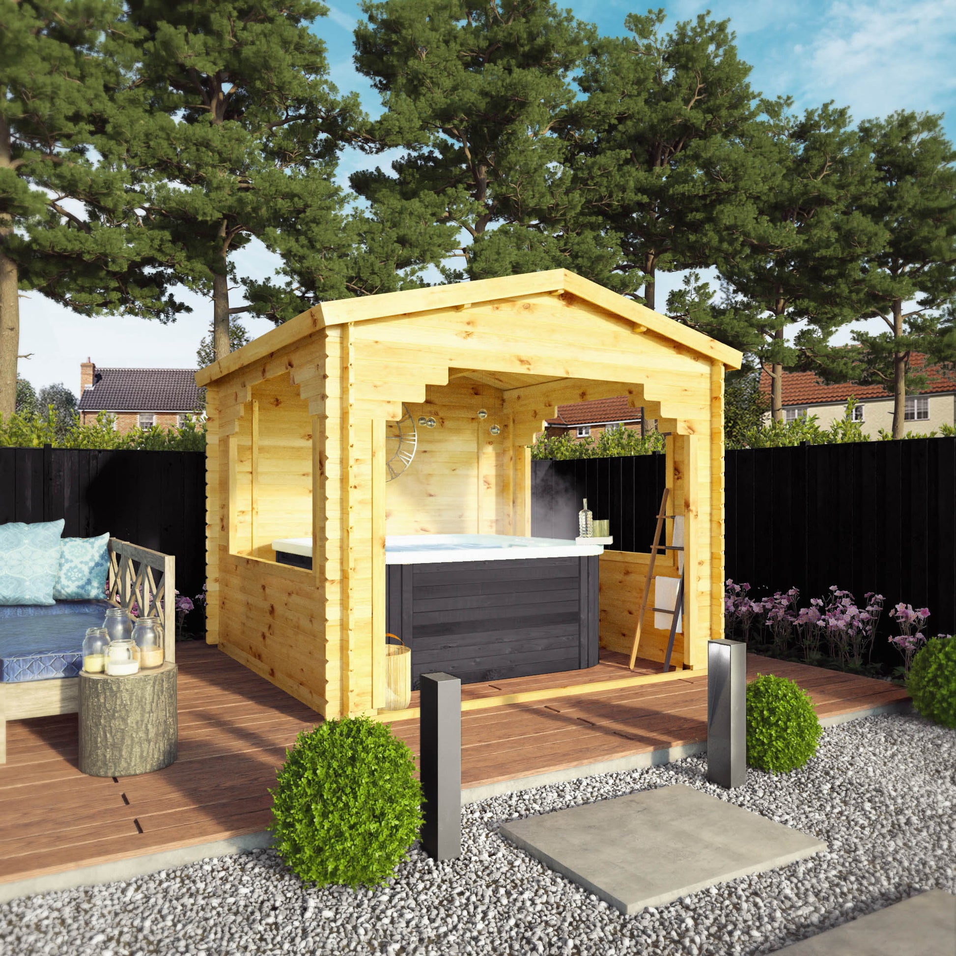 A log cabin gazebo with a hot tub inside, in a modern garden