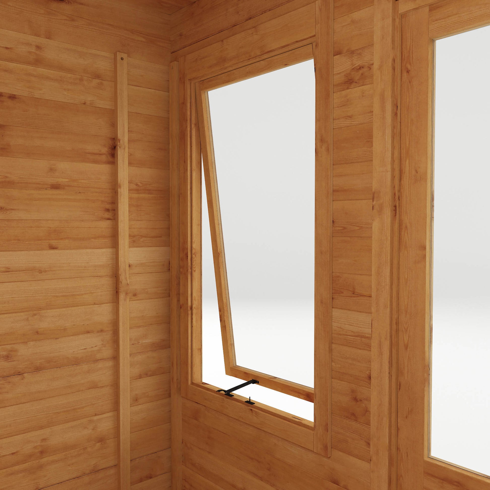 A timber log cabin with pent roof, large windows and double doors and windows opening outwards