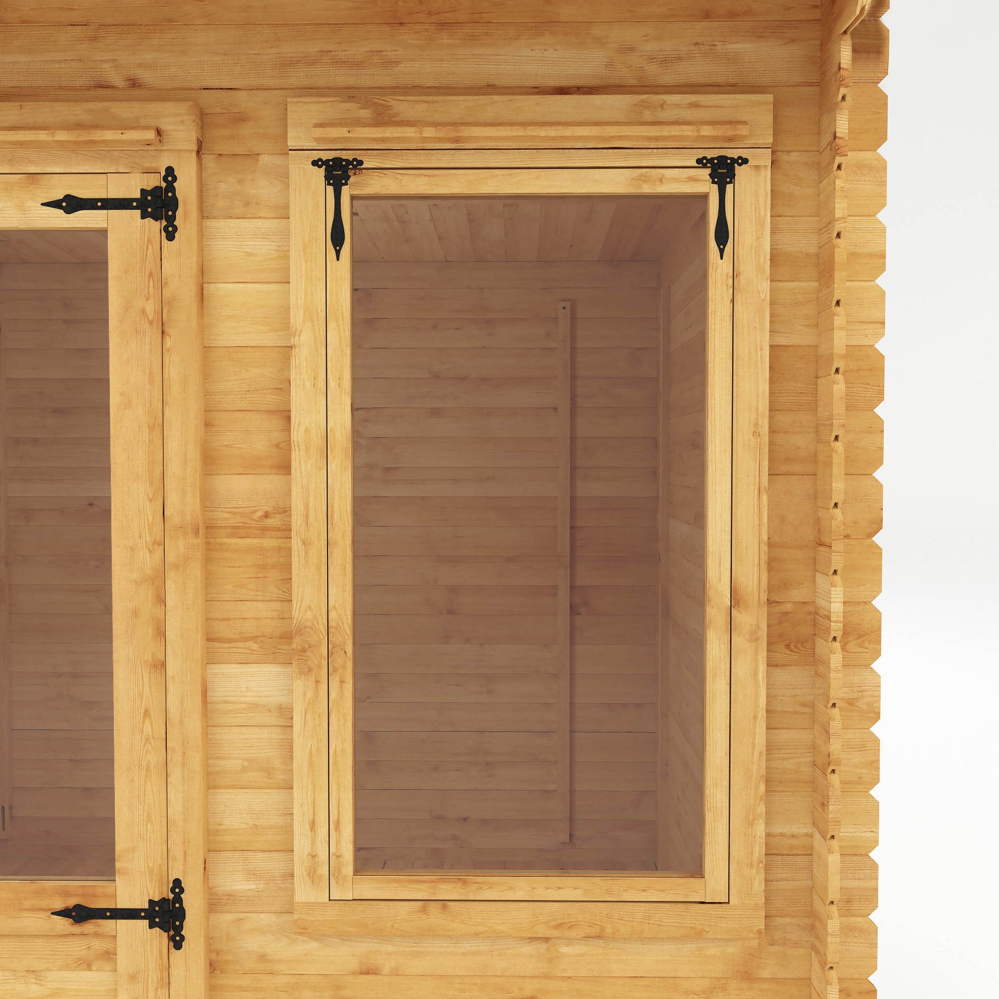 A timber log cabin with pent roof, large windows and double doors