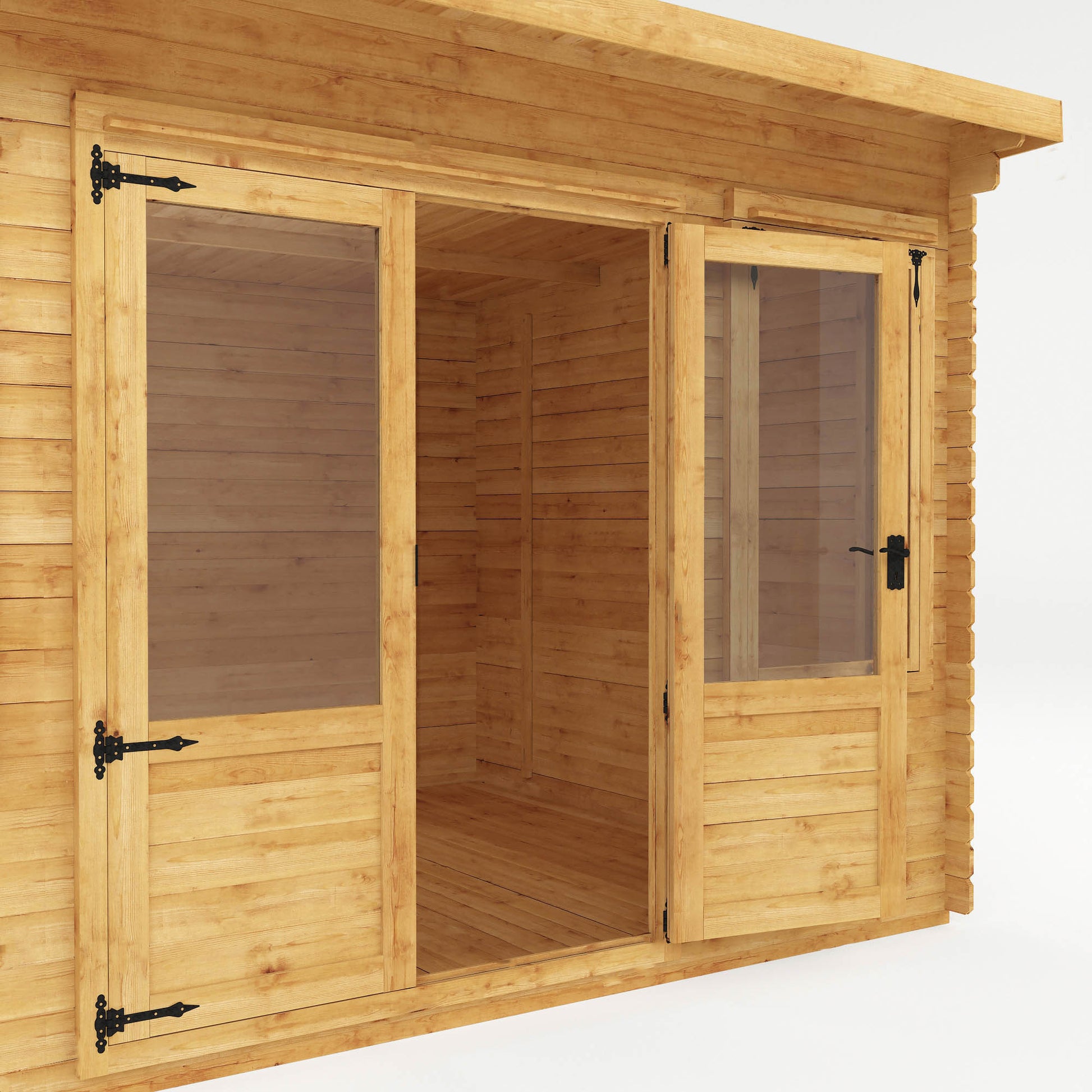 A timber log cabin with pent roof, large windows and double doors