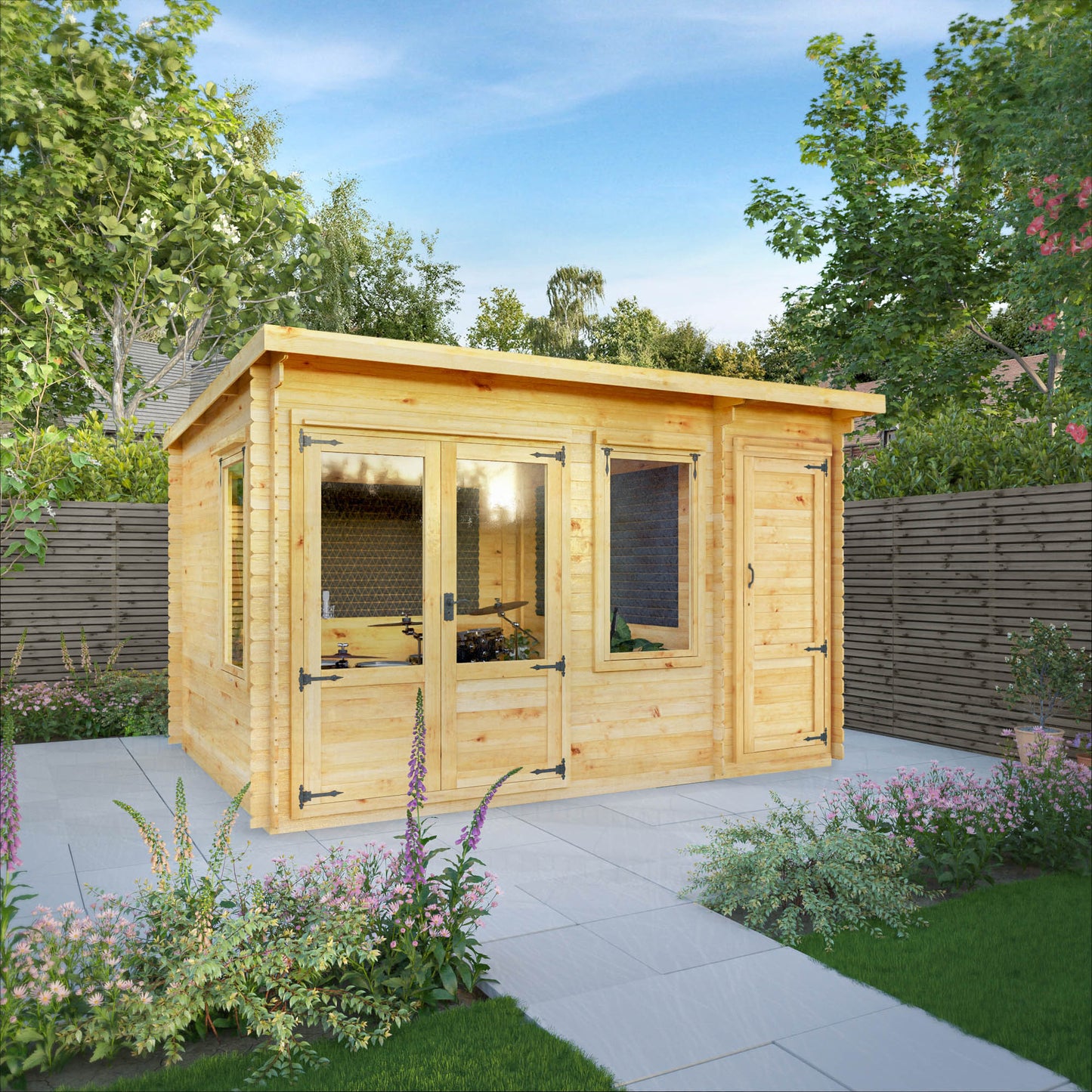 4.1m x 3m Pent Log Cabin with Side Shed