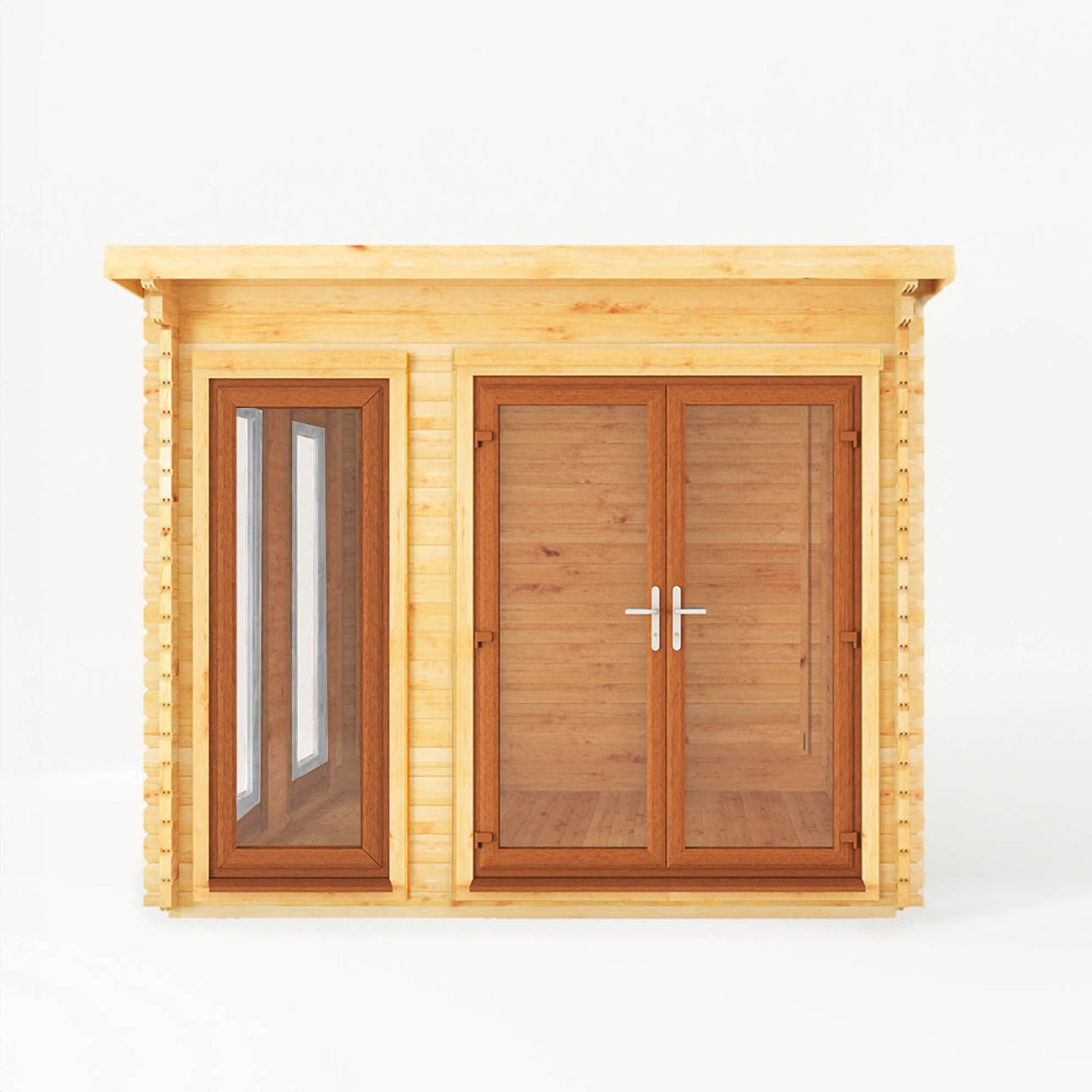 A modern timber log cabin with sloping flat roof, full length windows, double doors with oak UPVC