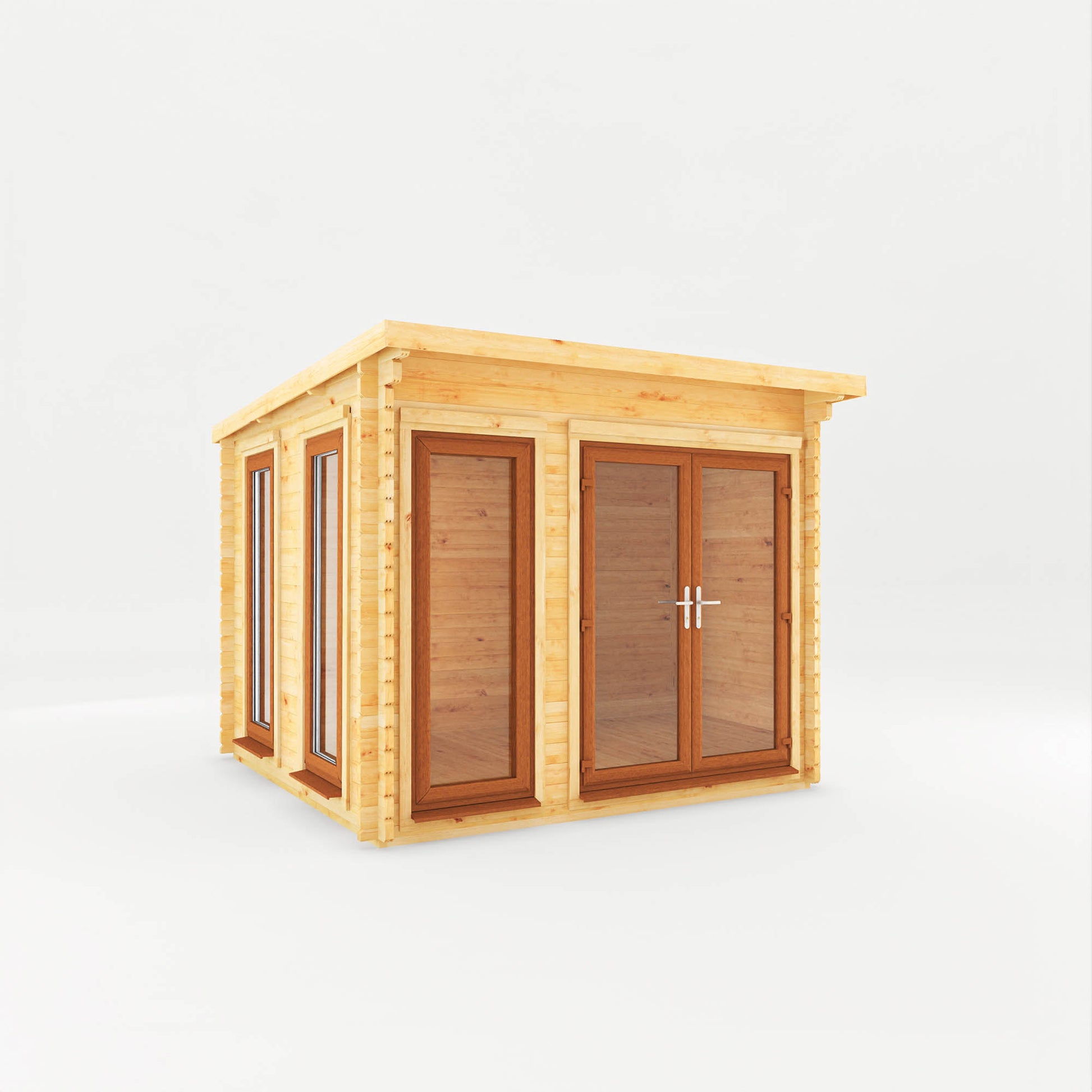 A modern timber log cabin with sloping flat roof, full length windows, double doors with oak UPVC