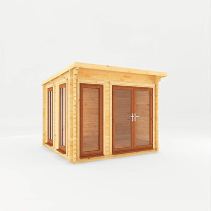 A modern timber log cabin with sloping flat roof, full length windows, double doors with oak UPVC