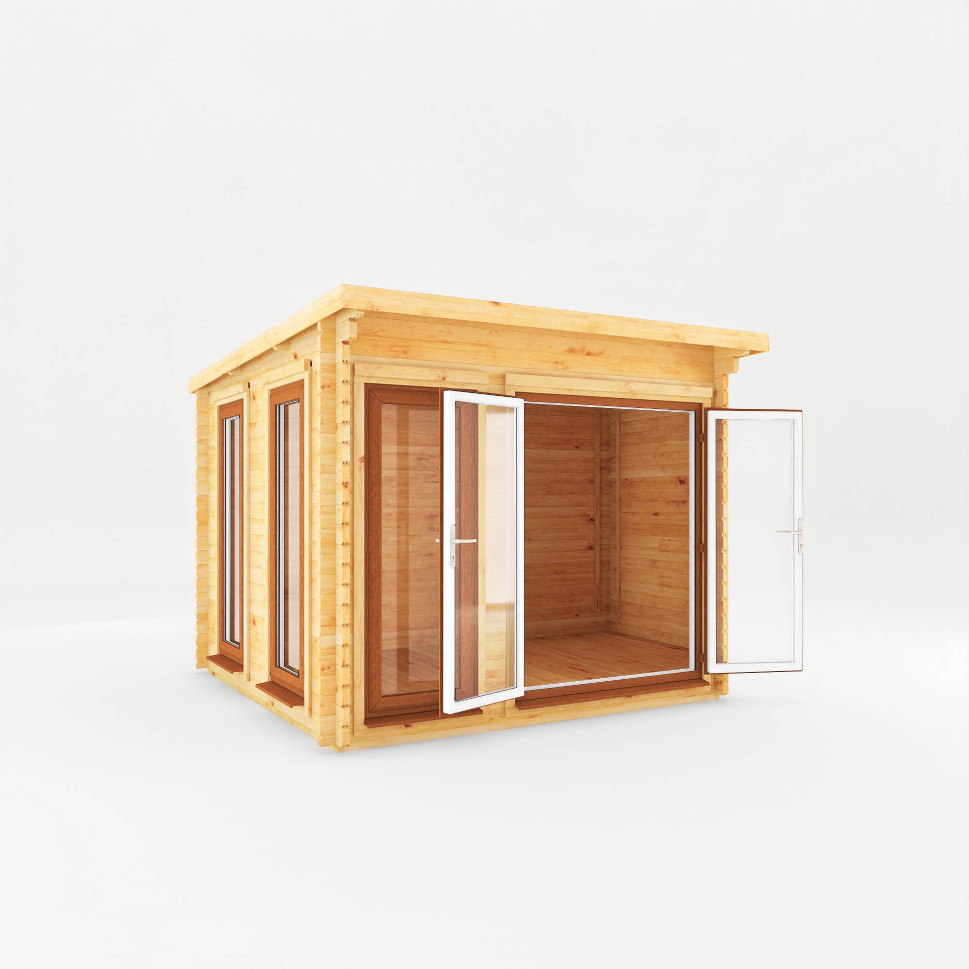 A modern timber log cabin with sloping flat roof, full length windows, double doors with oak UPVC