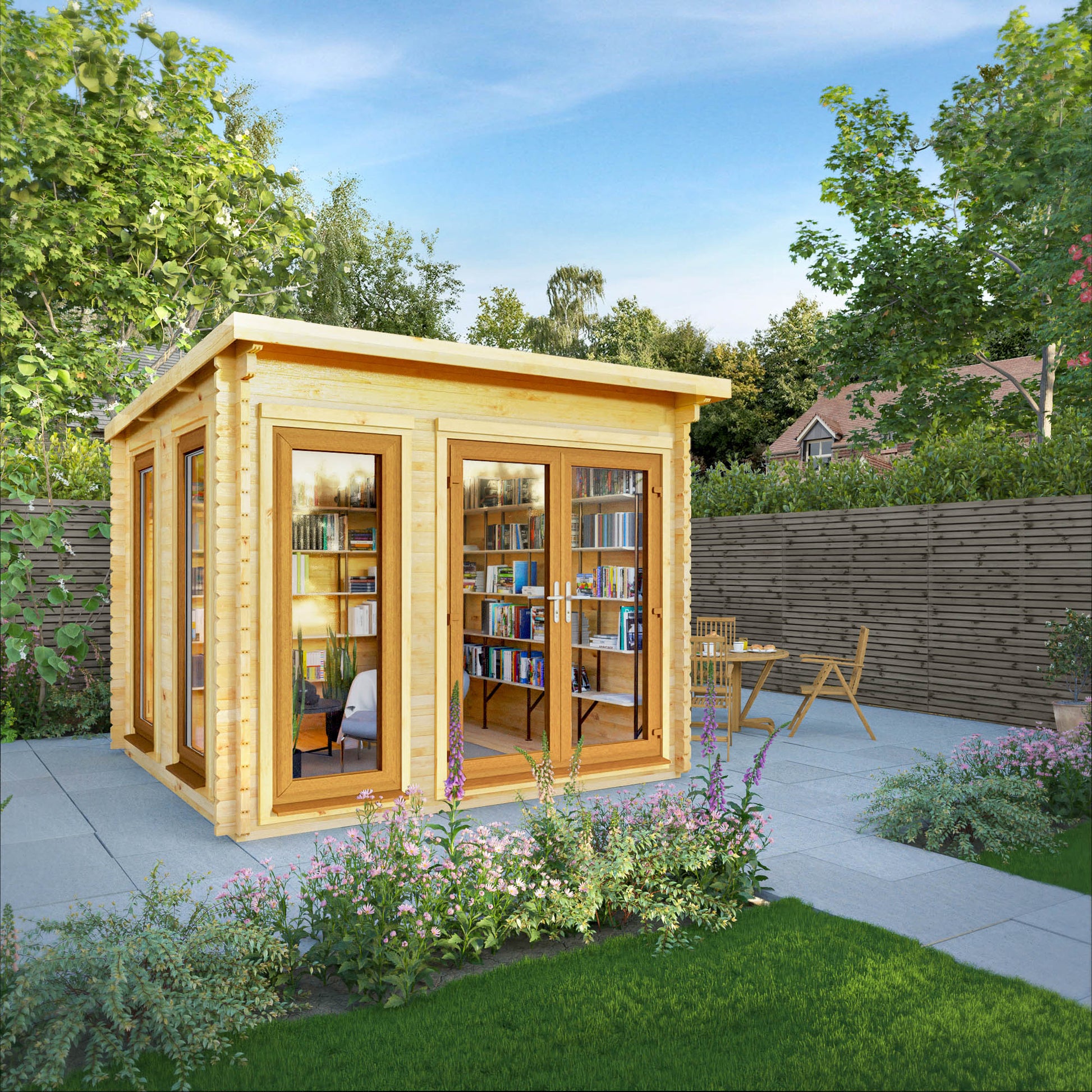 A modern timber log cabin with sloping flat roof, full length windows, double doors in a British garden being used as a reading room with oak UPVC
