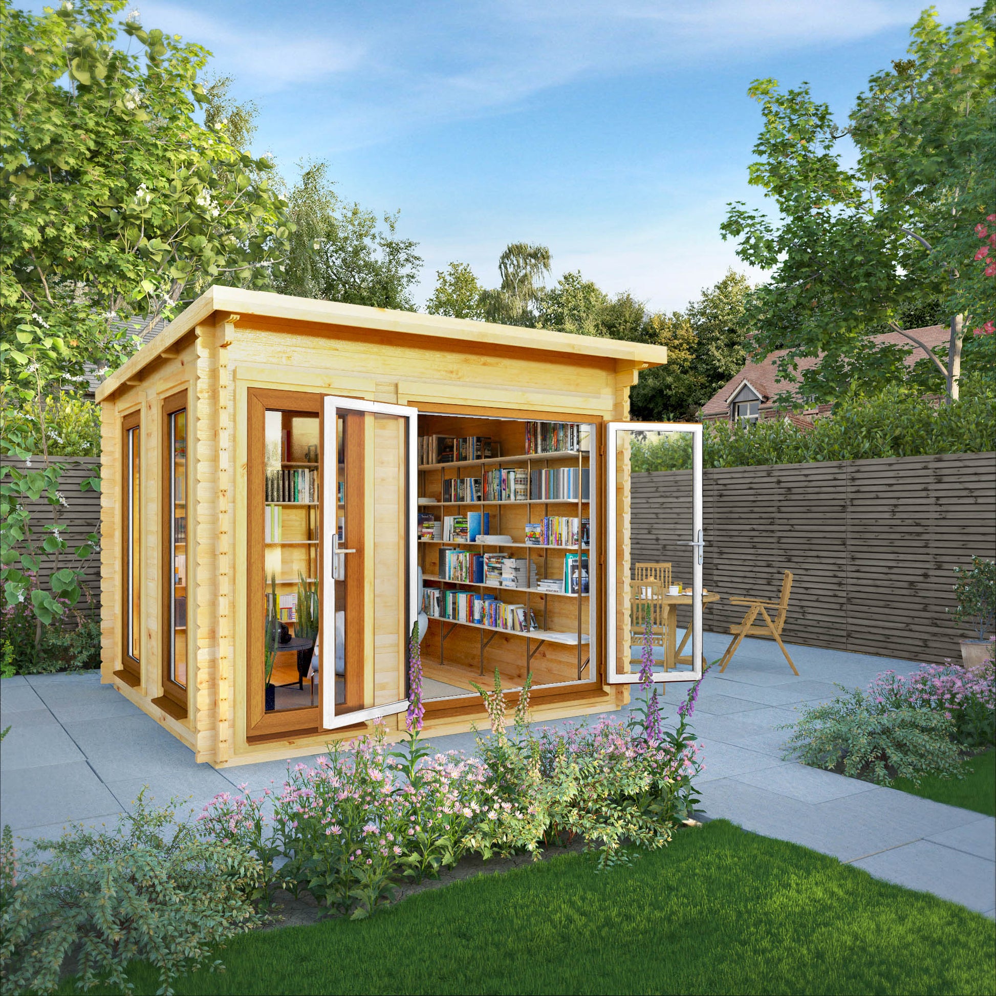 A modern timber log cabin with sloping flat roof, full length windows, double doors in a British garden being used as a reading room with oak UPVC