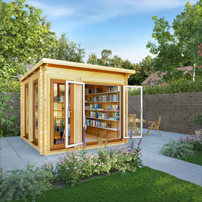 A modern timber log cabin with sloping flat roof, full length windows, double doors in a British garden being used as a reading room with oak UPVC