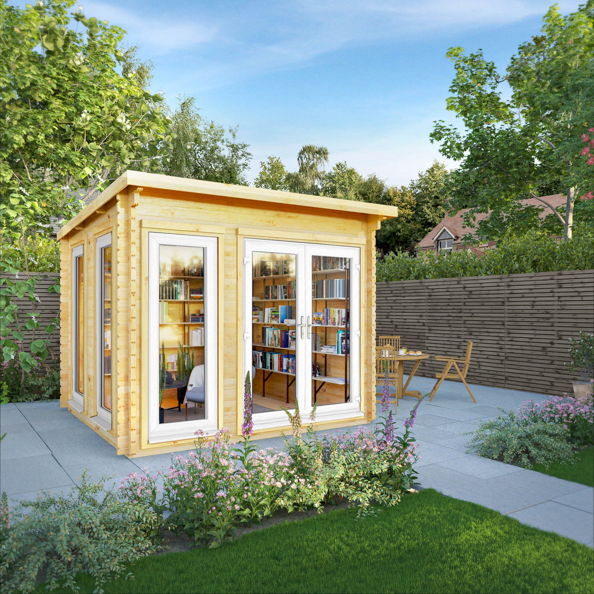 A modern timber log cabin with sloping flat roof, full length windows, double doors in a British garden being used as a reading room with white UPVC