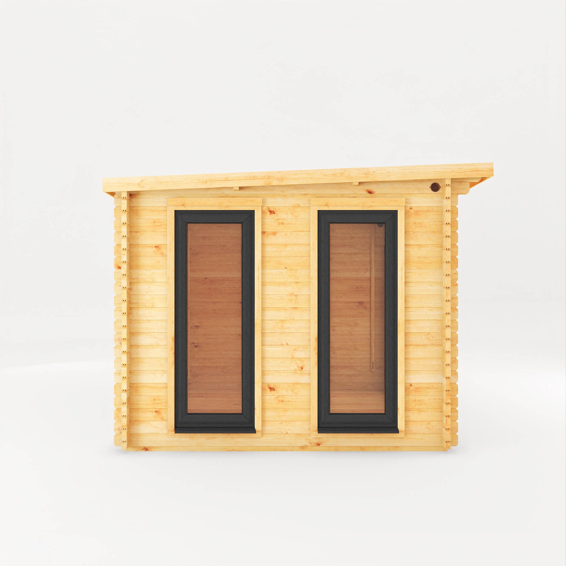 A modern log cabin with full length grey UPVC windows and pent roof