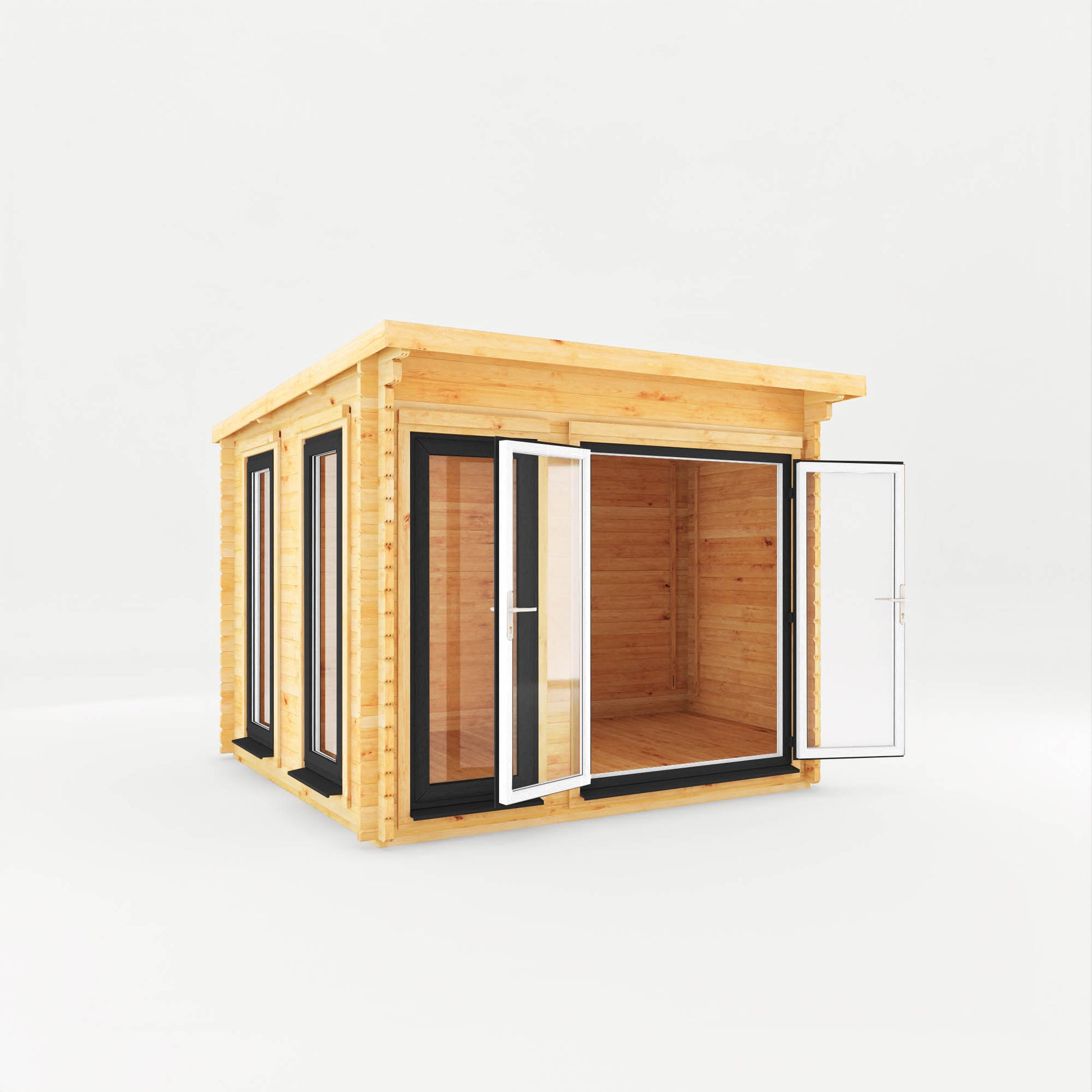 A modern log cabin with full length grey UPVC windows and pent roof