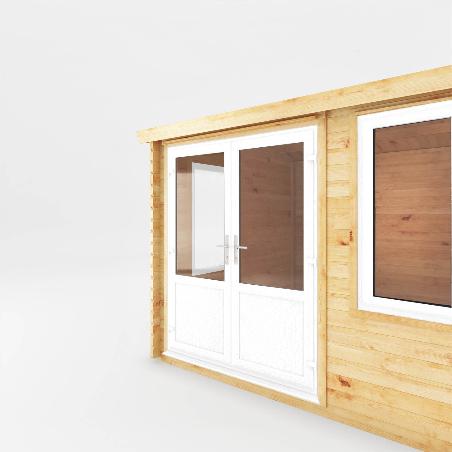 A small log cabin made from wood, with a pitched roof, double doors with white UPVC