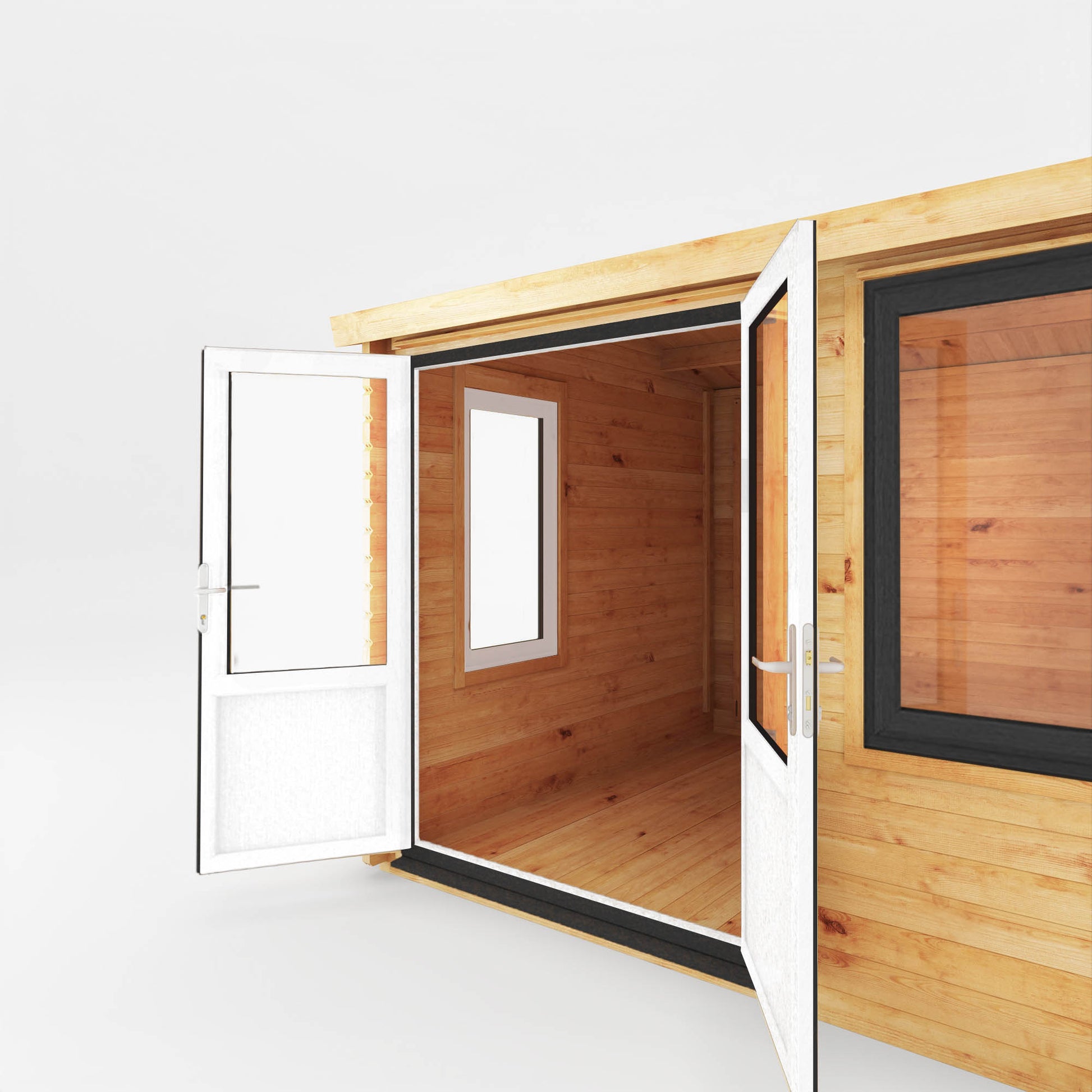 A small log cabin made from wood, with a pitched roof, double doors with grey UPVC