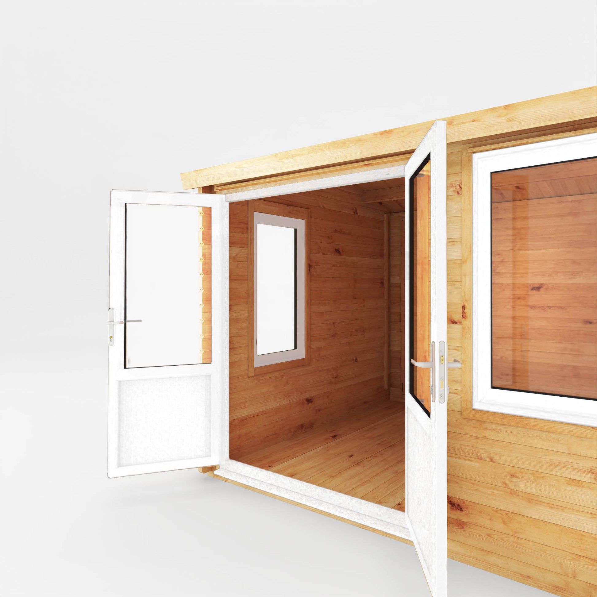 A small log cabin made from wood, with a pitched roof, double doors with white UPVC