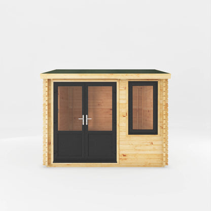A small log cabin made from wood, with a pitched roof, double doors with grey UPVC
