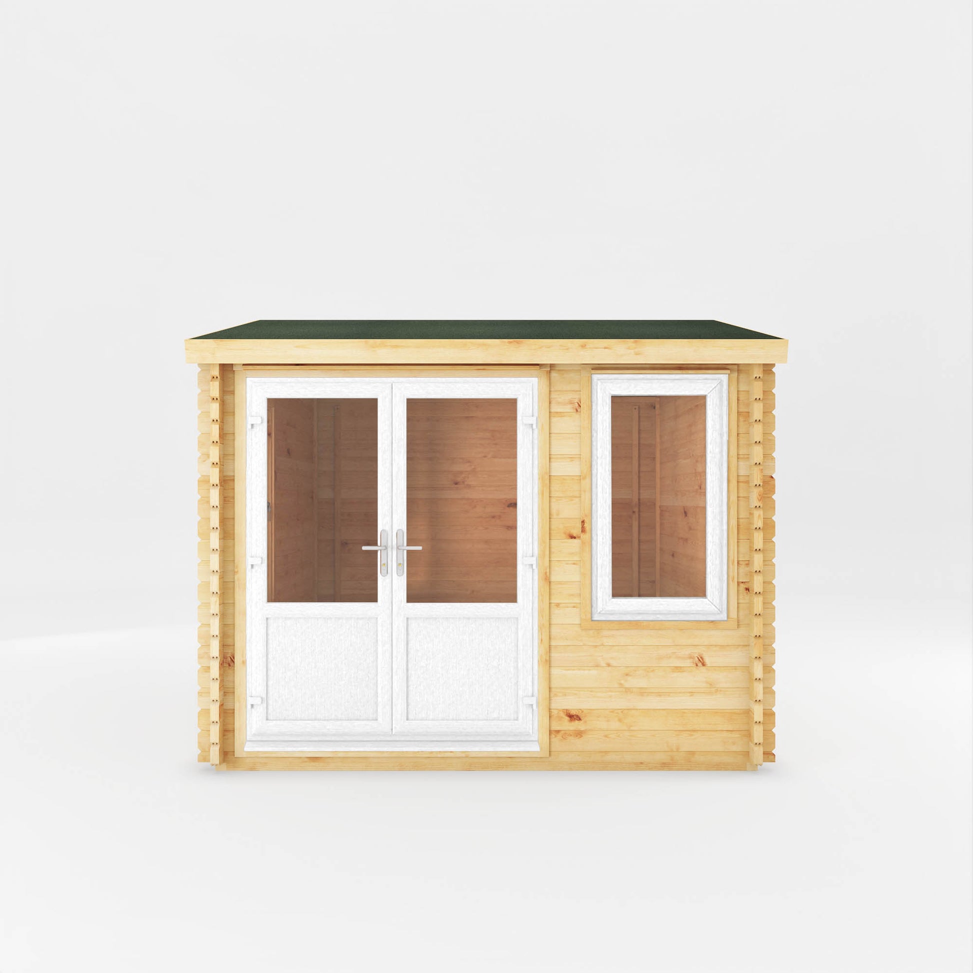 A small log cabin made from wood, with a pitched roof, double doors with white UPVC