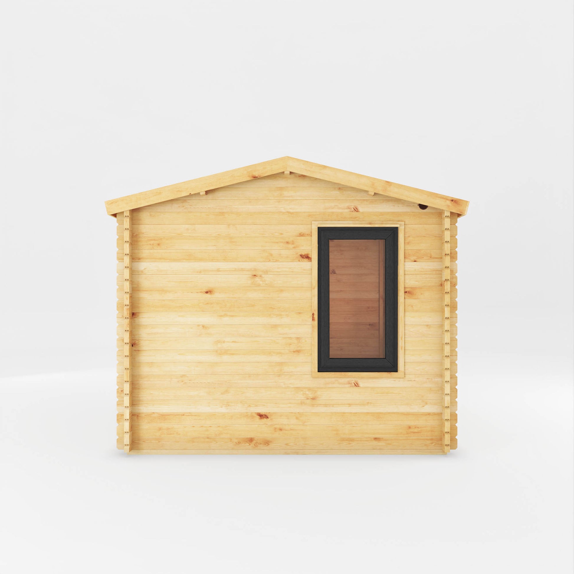 A small log cabin made from wood, with a pitched roof, double doors with grey UPVC