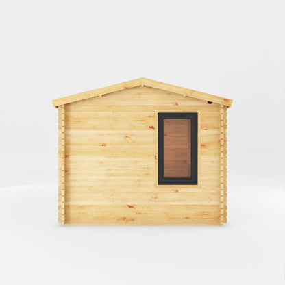 A small log cabin made from wood, with a pitched roof, double doors with grey UPVC