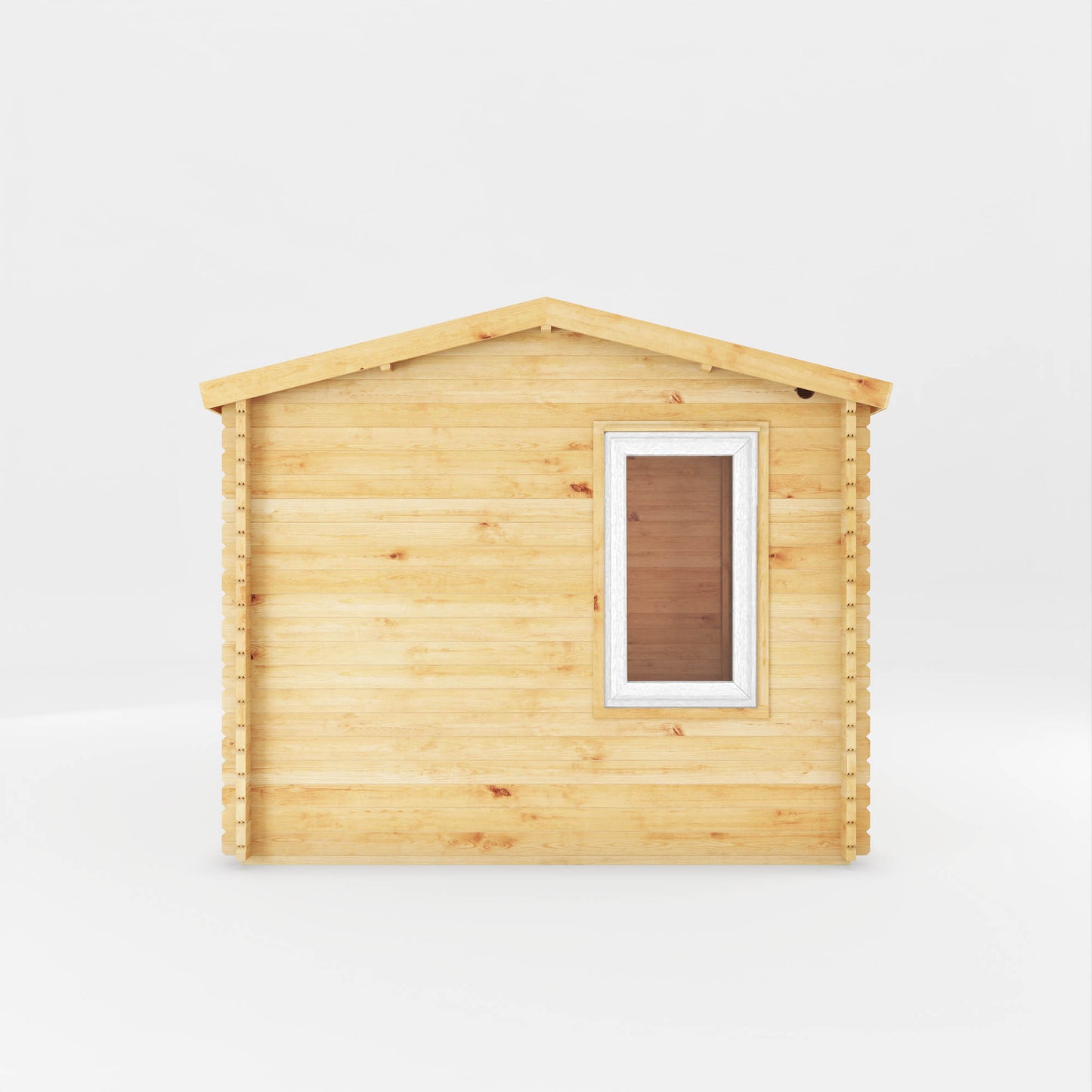 A small log cabin made from wood, with a pitched roof, double doors with white UPVC