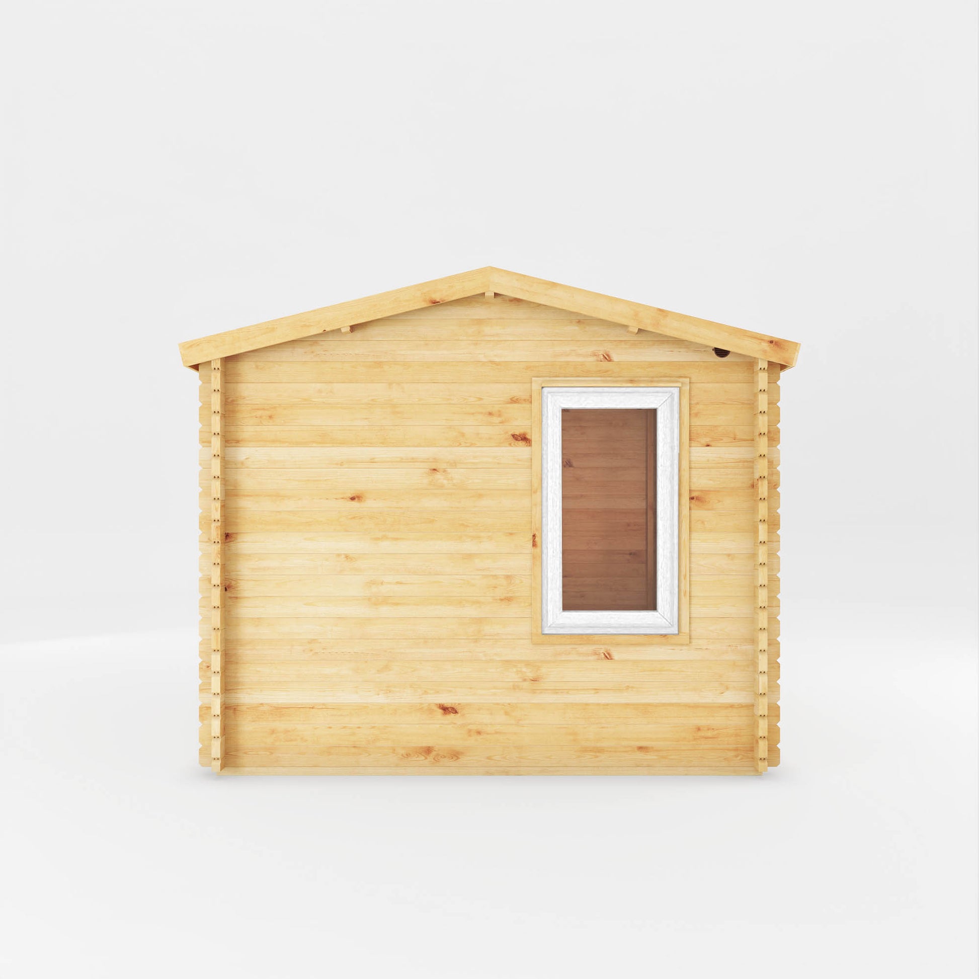A small log cabin made from wood, with a pitched roof, double doors with white UPVC