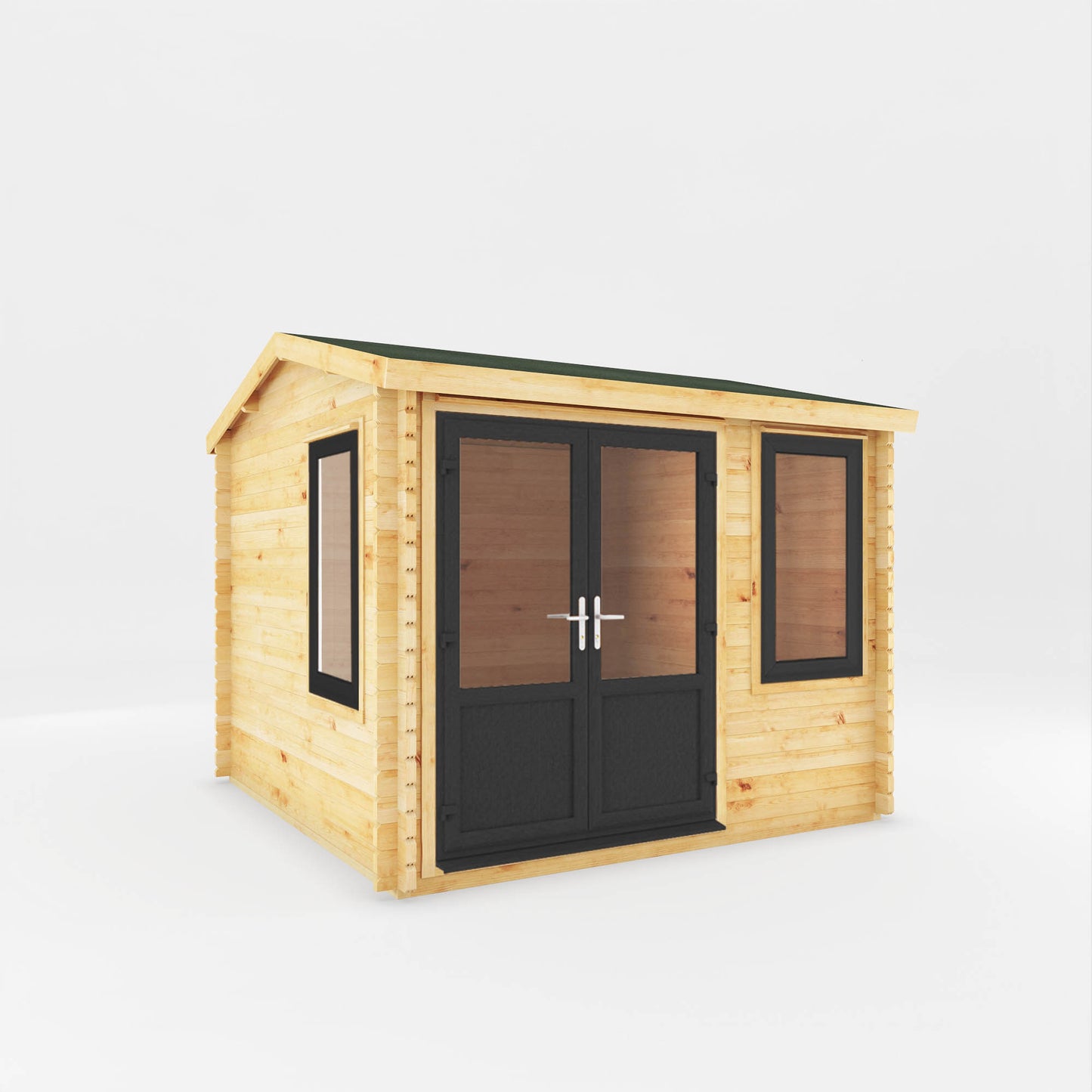 A small log cabin made from wood, with a pitched roof, double doors with grey UPVC