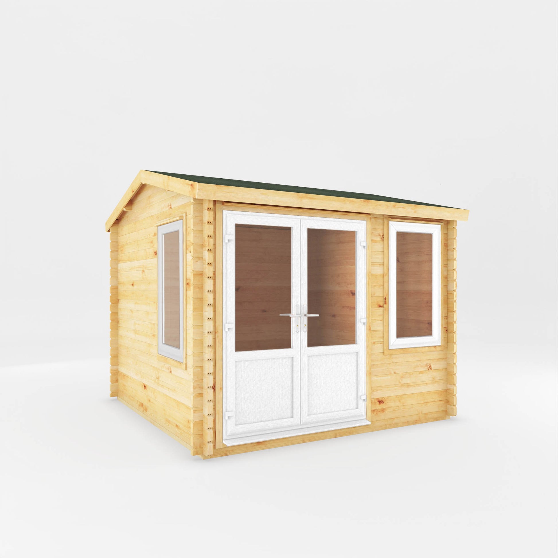 A small log cabin made from wood, with a pitched roof, double doors with white UPVC