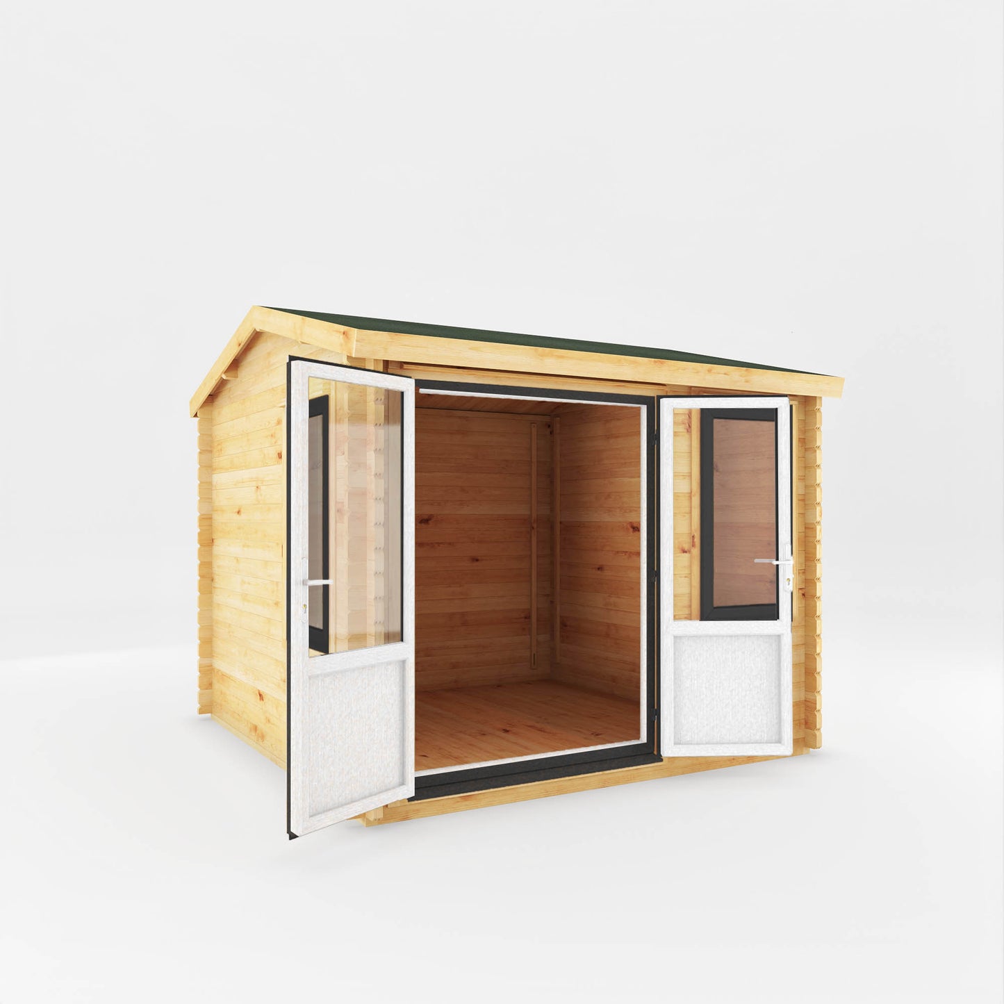 A small log cabin made from wood, with a pitched roof, double doors with grey UPVC