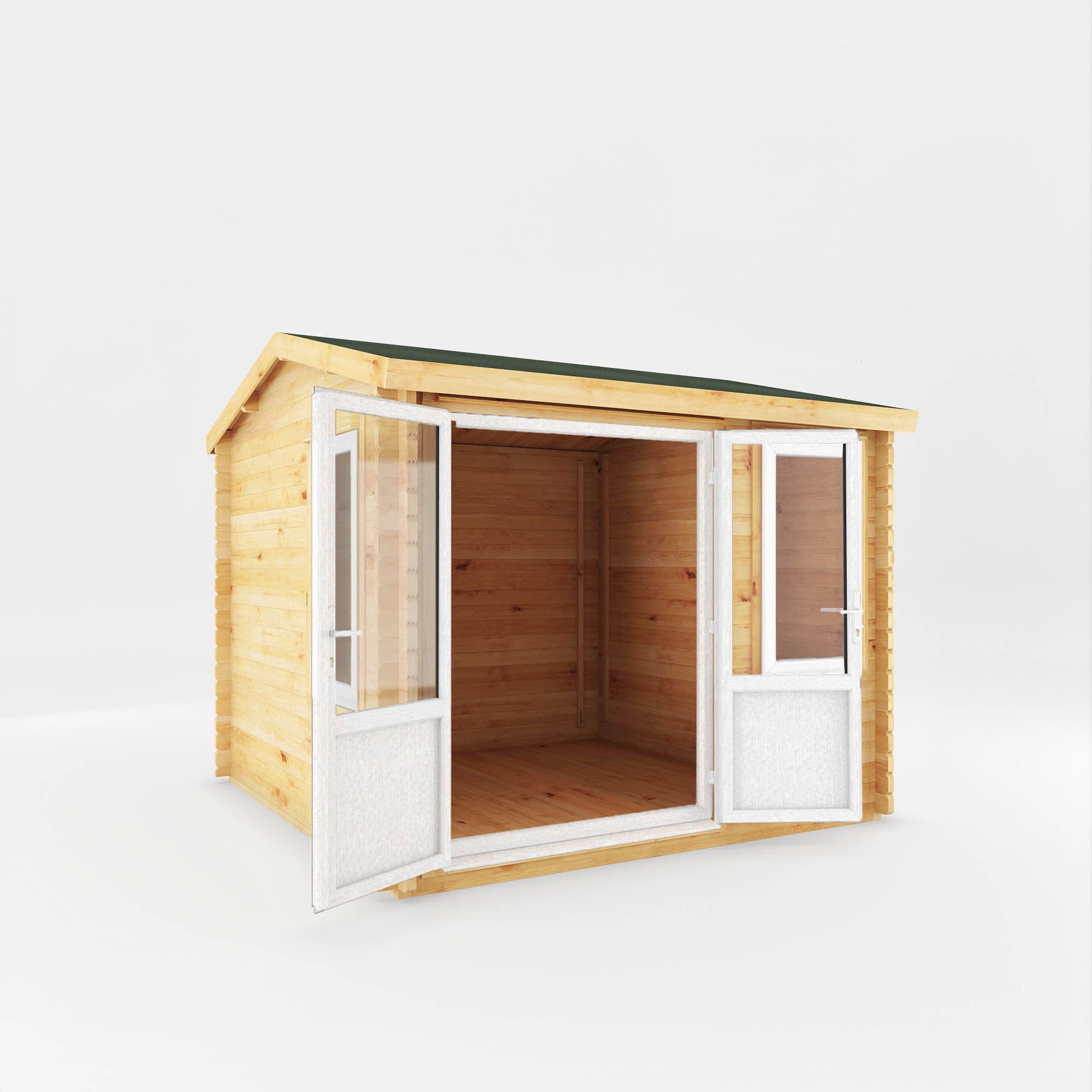 A small log cabin made from wood, with a pitched roof, double doors with white UPVC