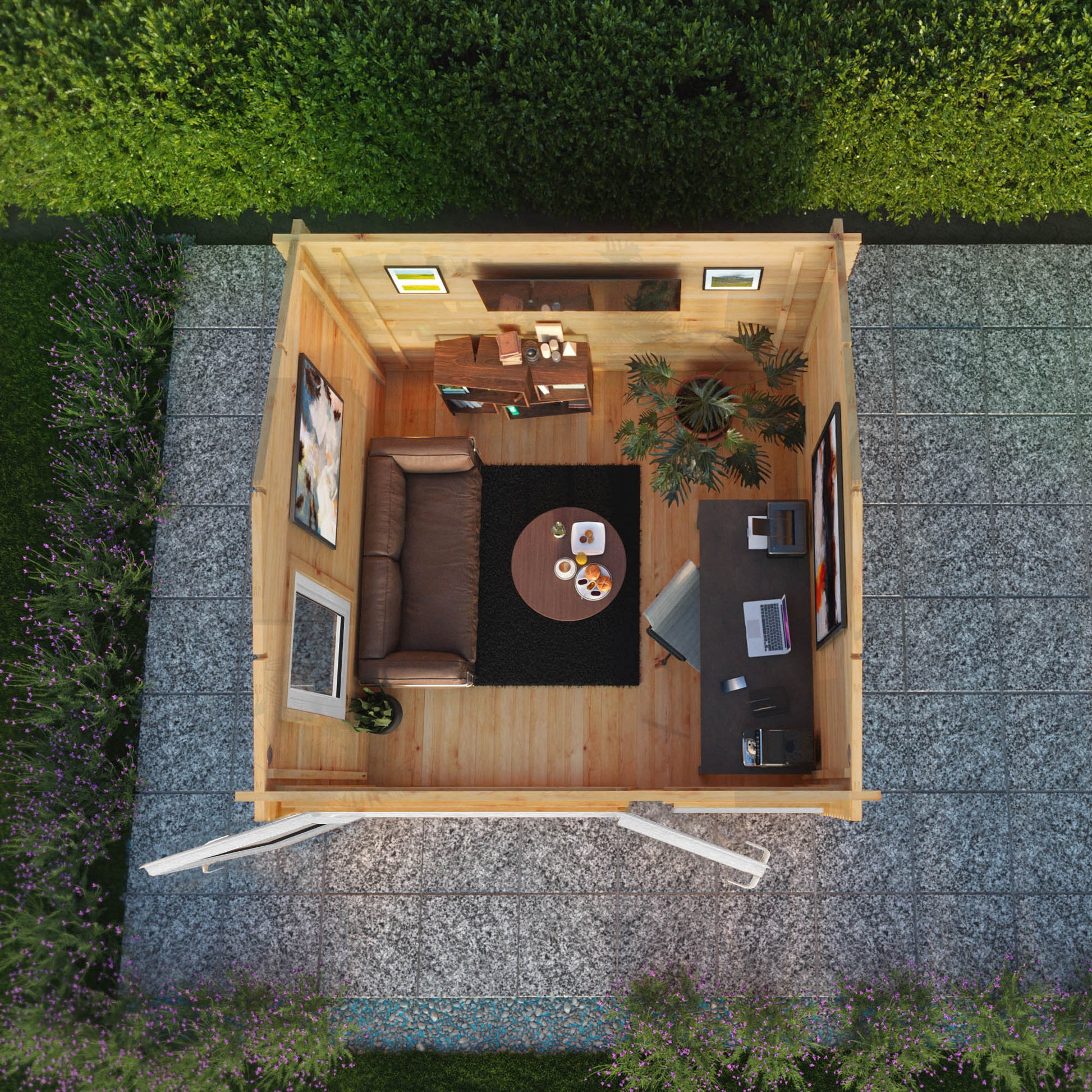 A small log cabin made from wood, with a pitched roof, double doors, in a flowery English garden on a patio with white UPVC