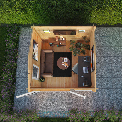 A small log cabin made from wood, with a pitched roof, double doors, in a flowery English garden on a patio with white UPVC