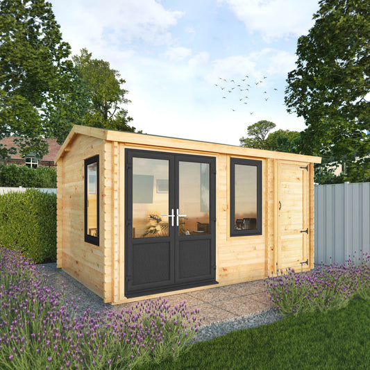A timber log cabin with double doors, apex roof, side shed and large windows being used as a home office in a British flowery garden with grey UPVC