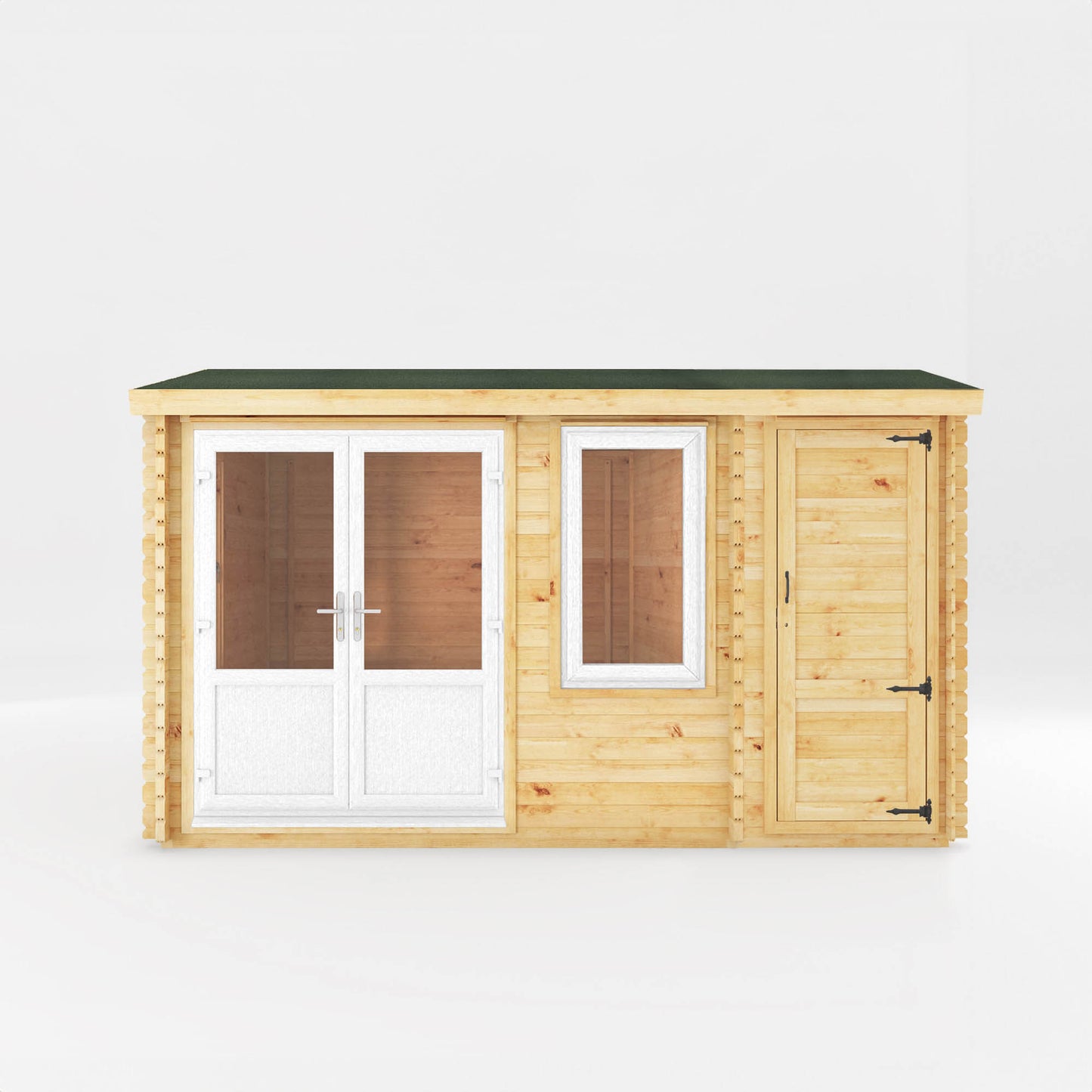 The 4.1m x 3m Robin Log Cabin with Side Shed and White UPVC