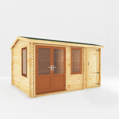 The 4.1m x 3m Robin Log Cabin with Side Shed and Oak UPVC