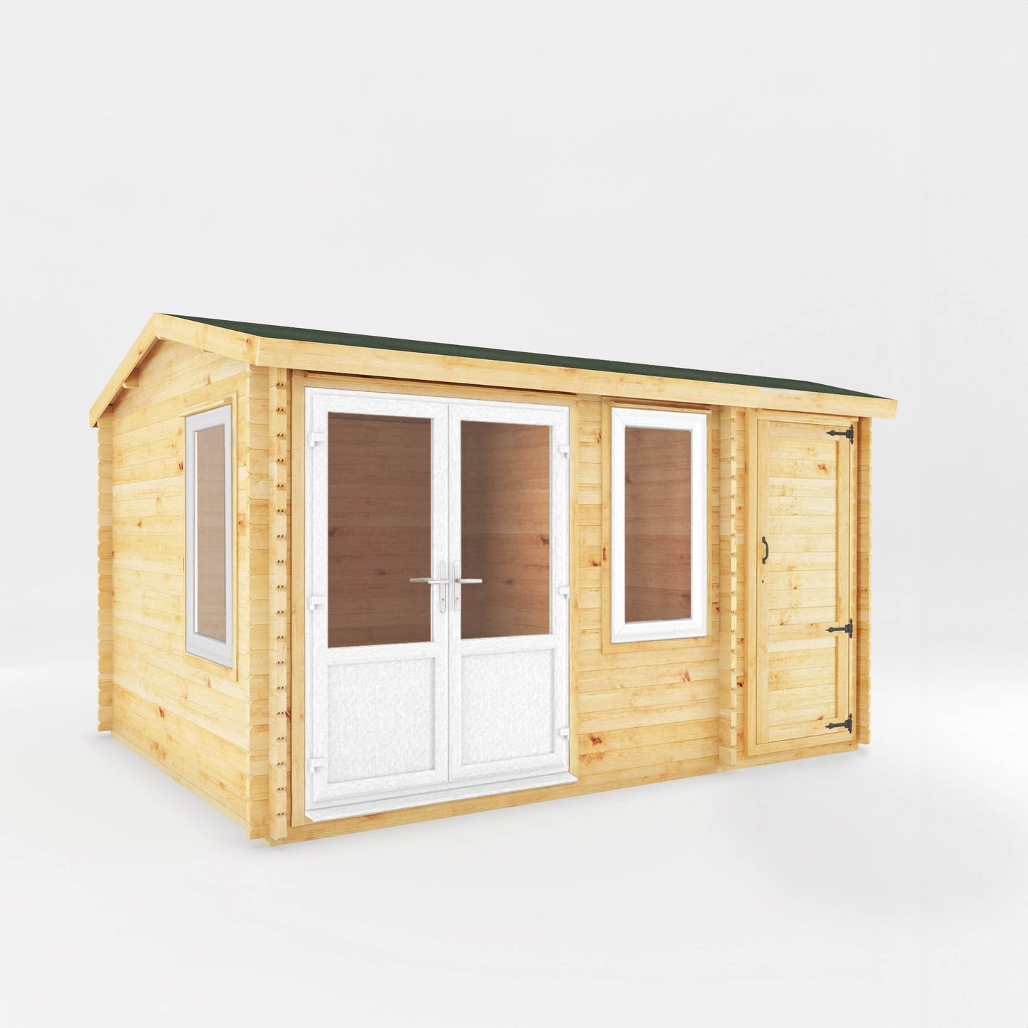 The 4.1m x 3m Robin Log Cabin with Side Shed and White UPVC