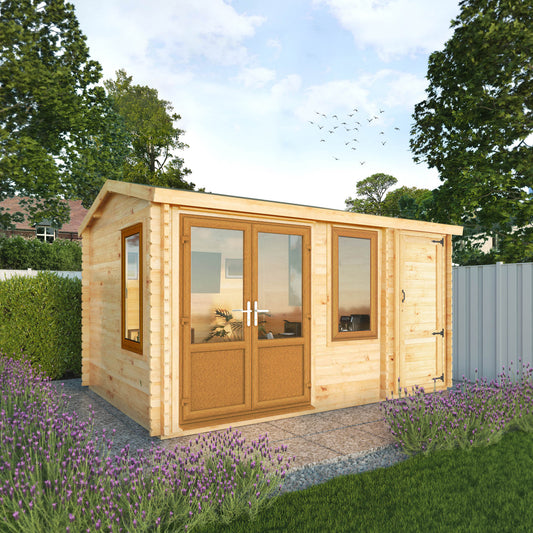 The 4.1m x 3m Robin Log Cabin with Side Shed and Oak UPVC