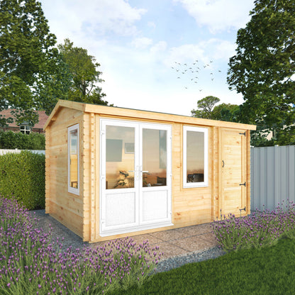 The 4.1m x 3m Robin Log Cabin with Side Shed and White UPVC