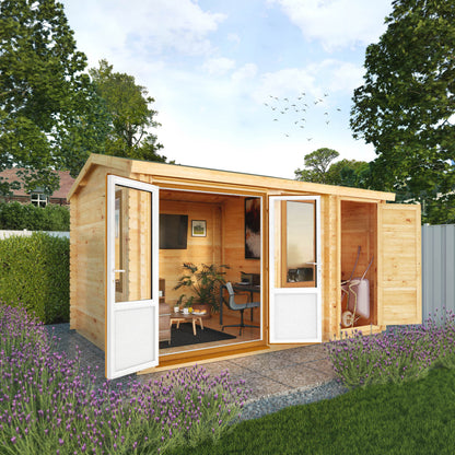 The 4.1m x 3m Robin Log Cabin with Side Shed and Oak UPVC