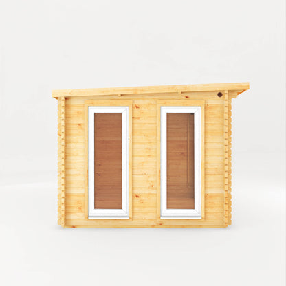 The 4.1m x 3m Wren Pent Log Cabin with Side Shed and White UPVC