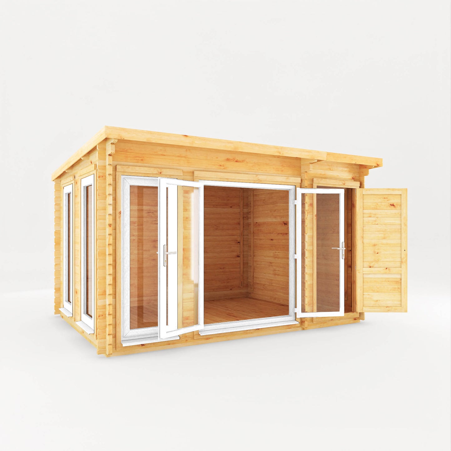 The 4.1m x 3m Wren Pent Log Cabin with Side Shed and White UPVC