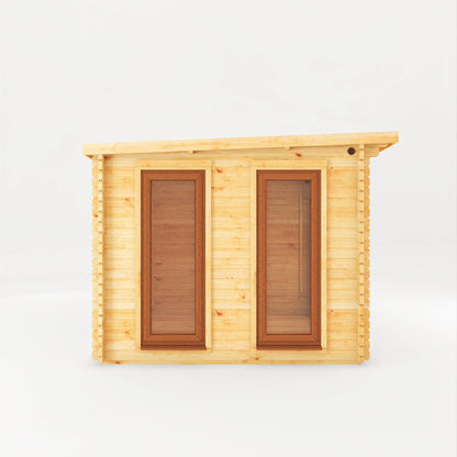 The 4.1m x 3m Wren Pent Log Cabin with Side Shed and Oak UPVC