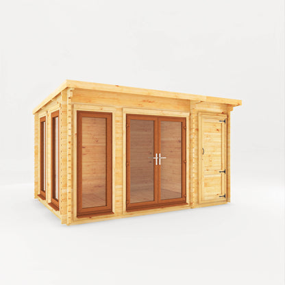 The 4.1m x 3m Wren Pent Log Cabin with Side Shed and Oak UPVC