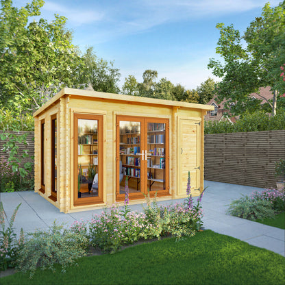 The 4.1m x 3m Wren Pent Log Cabin with Side Shed and Oak UPVC