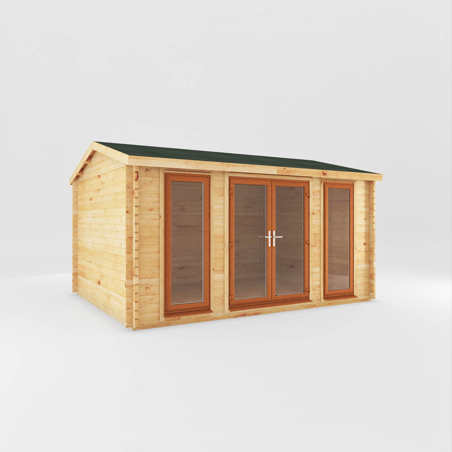 The 4.5m x 3.5m Dove Log Cabin with Oak UPVC