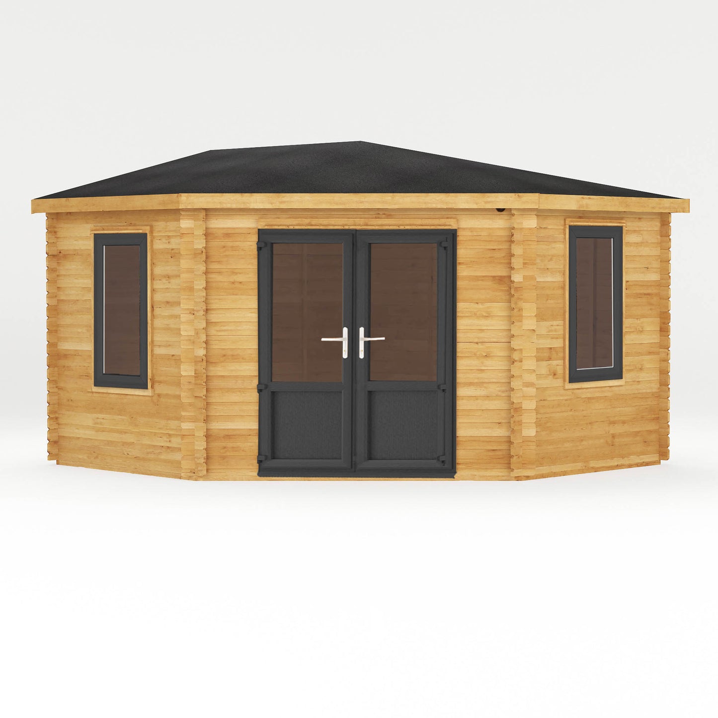 The 4m x 4m Goldcrest Corner Log Cabin with Anthracite UPVC