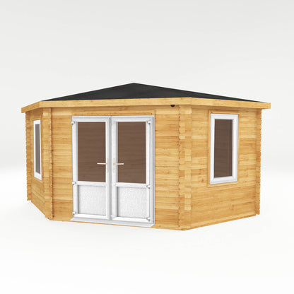 The 4m x 4m Goldcrest Corner Log Cabin with White UPVC