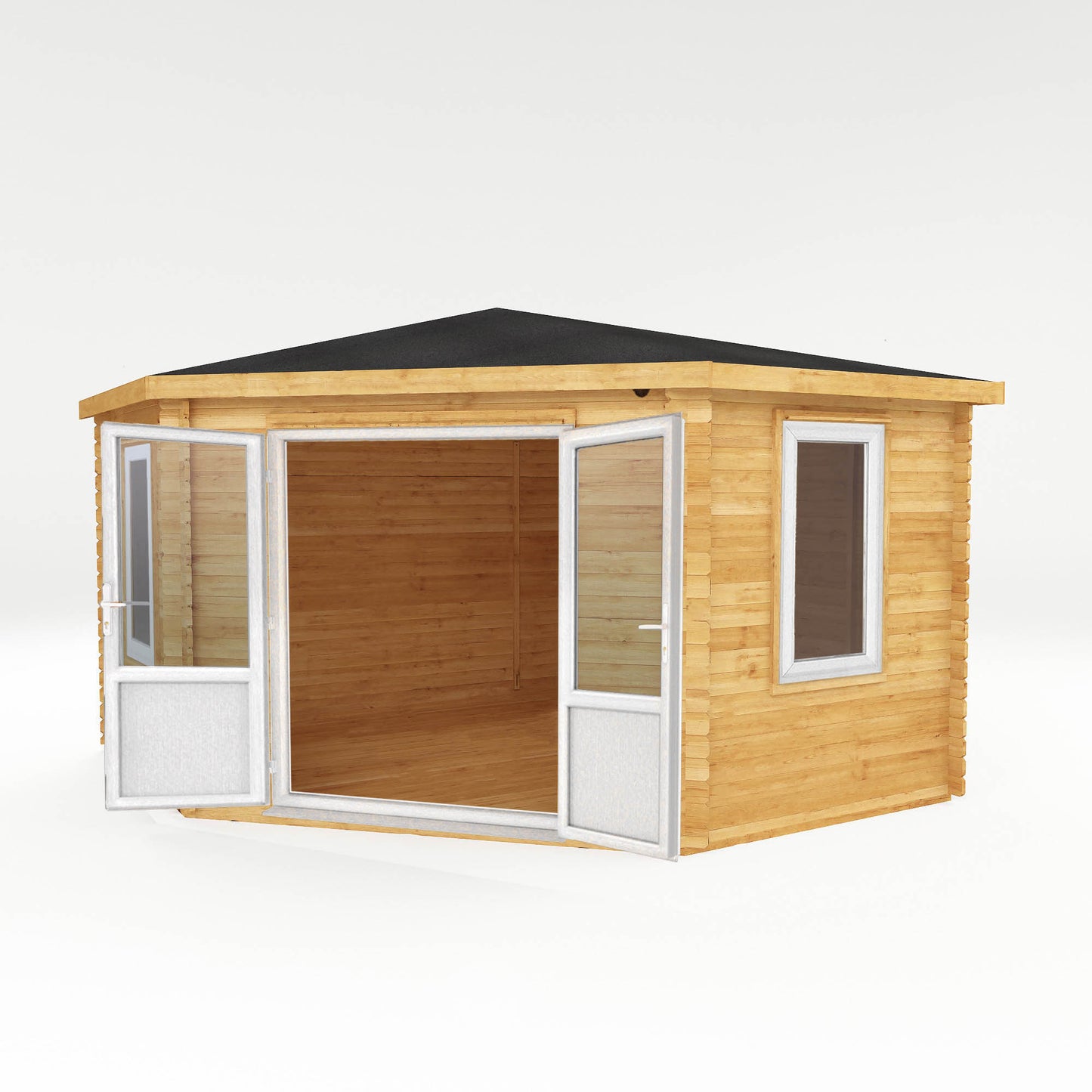 The 4m x 4m Goldcrest Corner Log Cabin with White UPVC