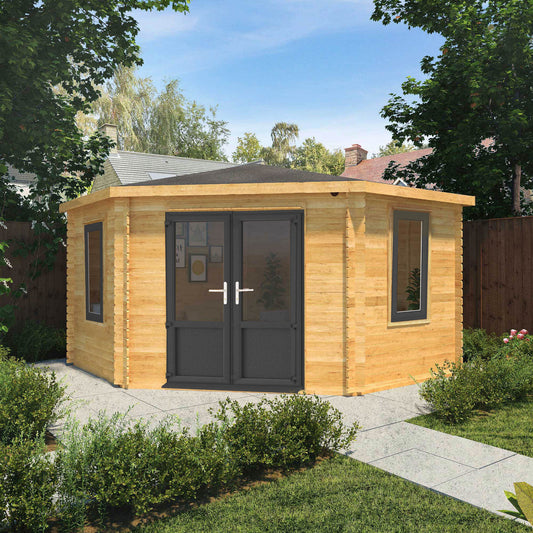 The 4m x 4m Goldcrest Corner Log Cabin with Anthracite UPVC