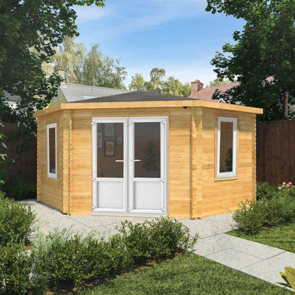 The 4m x 4m Goldcrest Corner Log Cabin with White UPVC