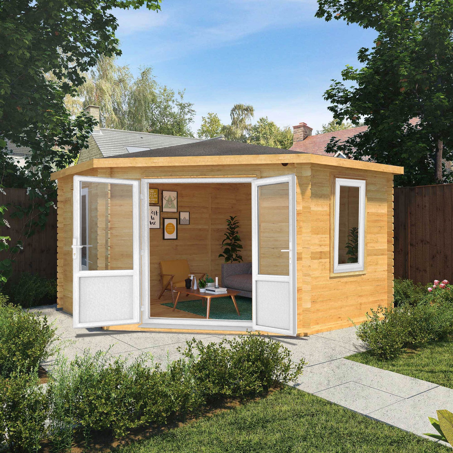 The 4m x 4m Goldcrest Corner Log Cabin with White UPVC