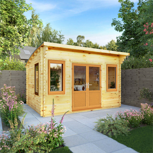 The 4m x 3m Tawny Curved Roof Log Cabin with Oak UPVC